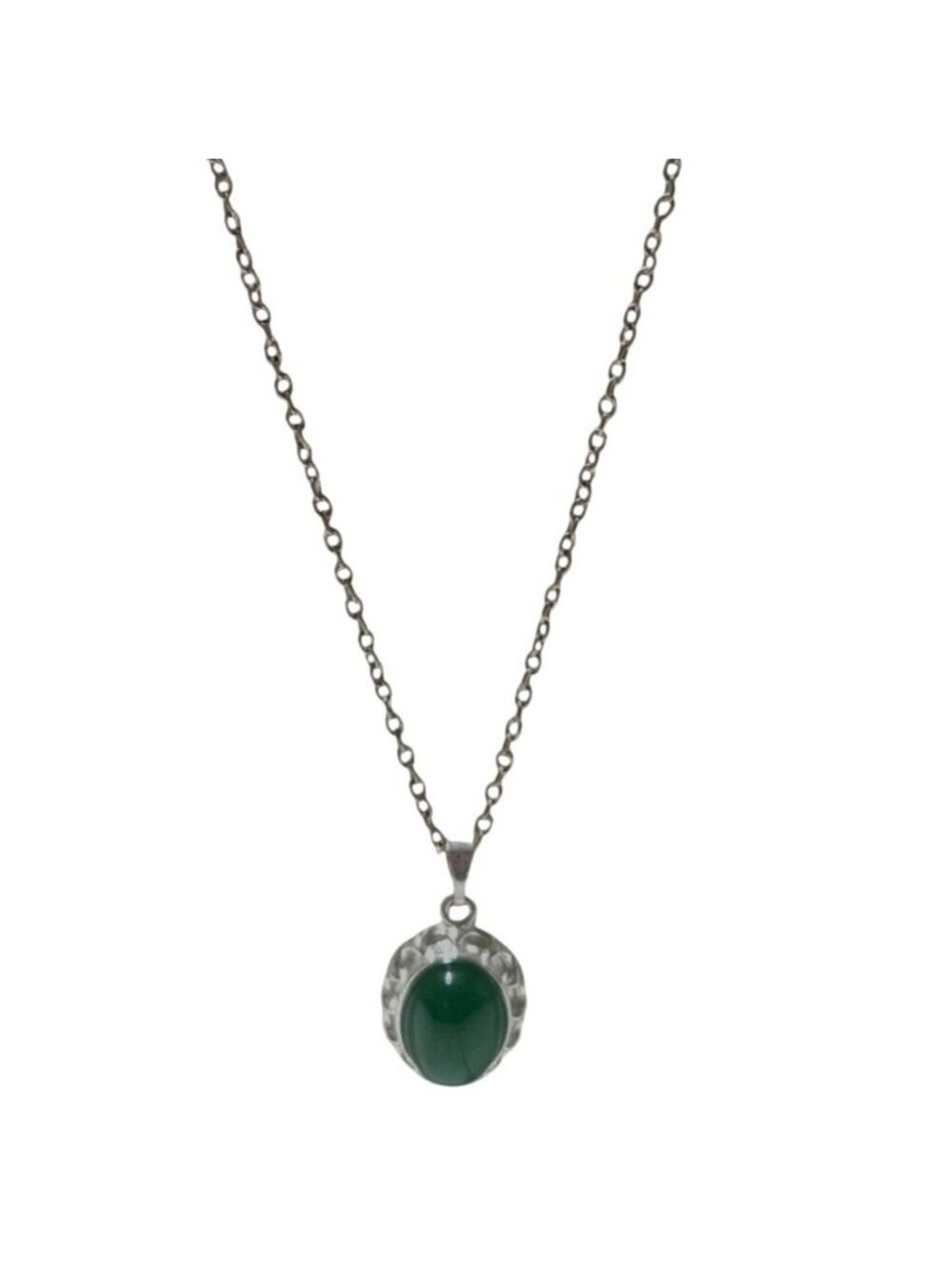 Vintage Southwestern Green Cabochon Necklace Hammered Oval Pendant Boho Jewelry